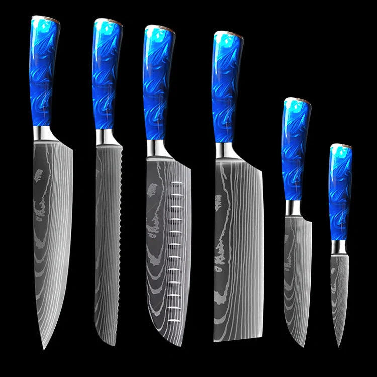 8-inch Chef Knife with vibrant blue resin handle, perfect for precision cutting in the kitchen.