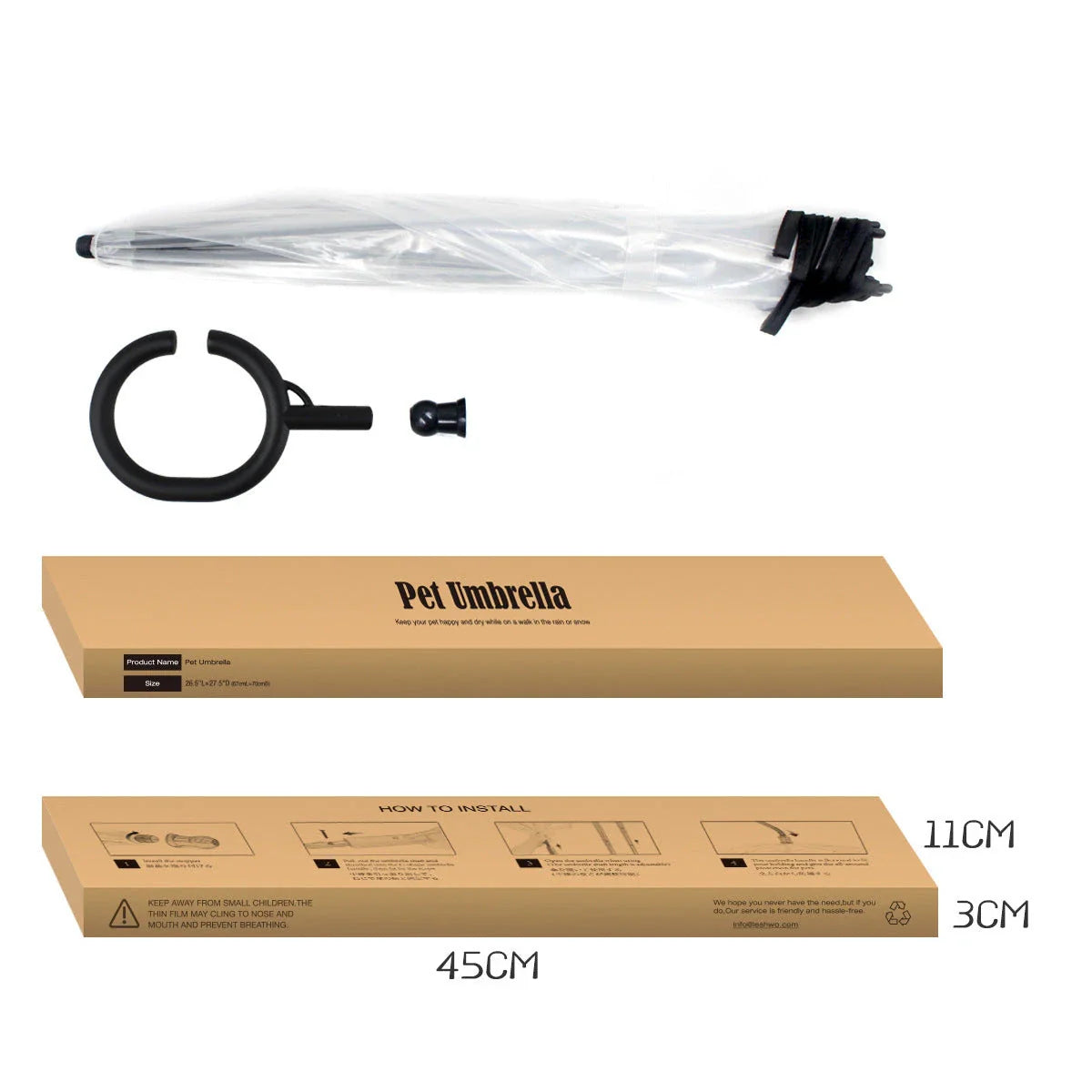 Adjustable transparent pet umbrella with C-shaped handle and retractable middle bar for customized rain protection