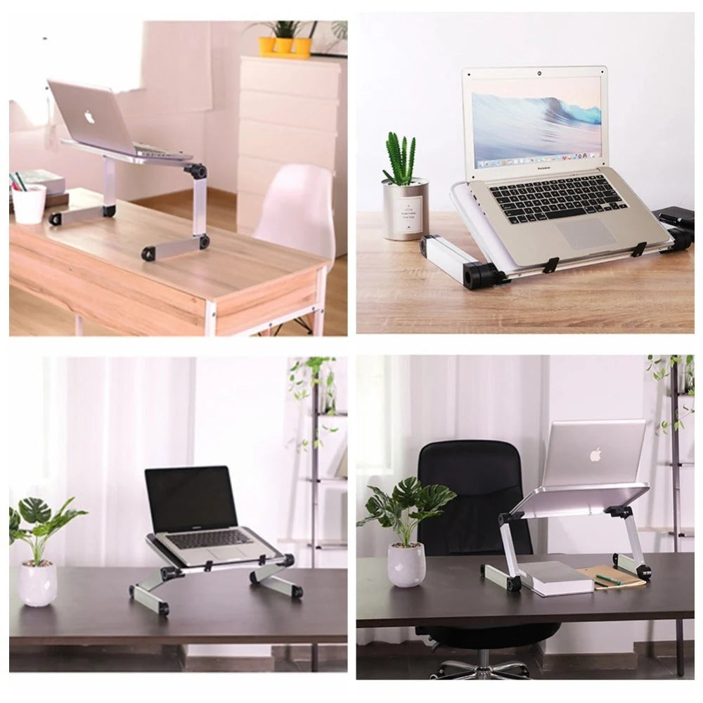 Adjustable foldable laptop stand in black and white, with 360-degree rotation and height adjustment