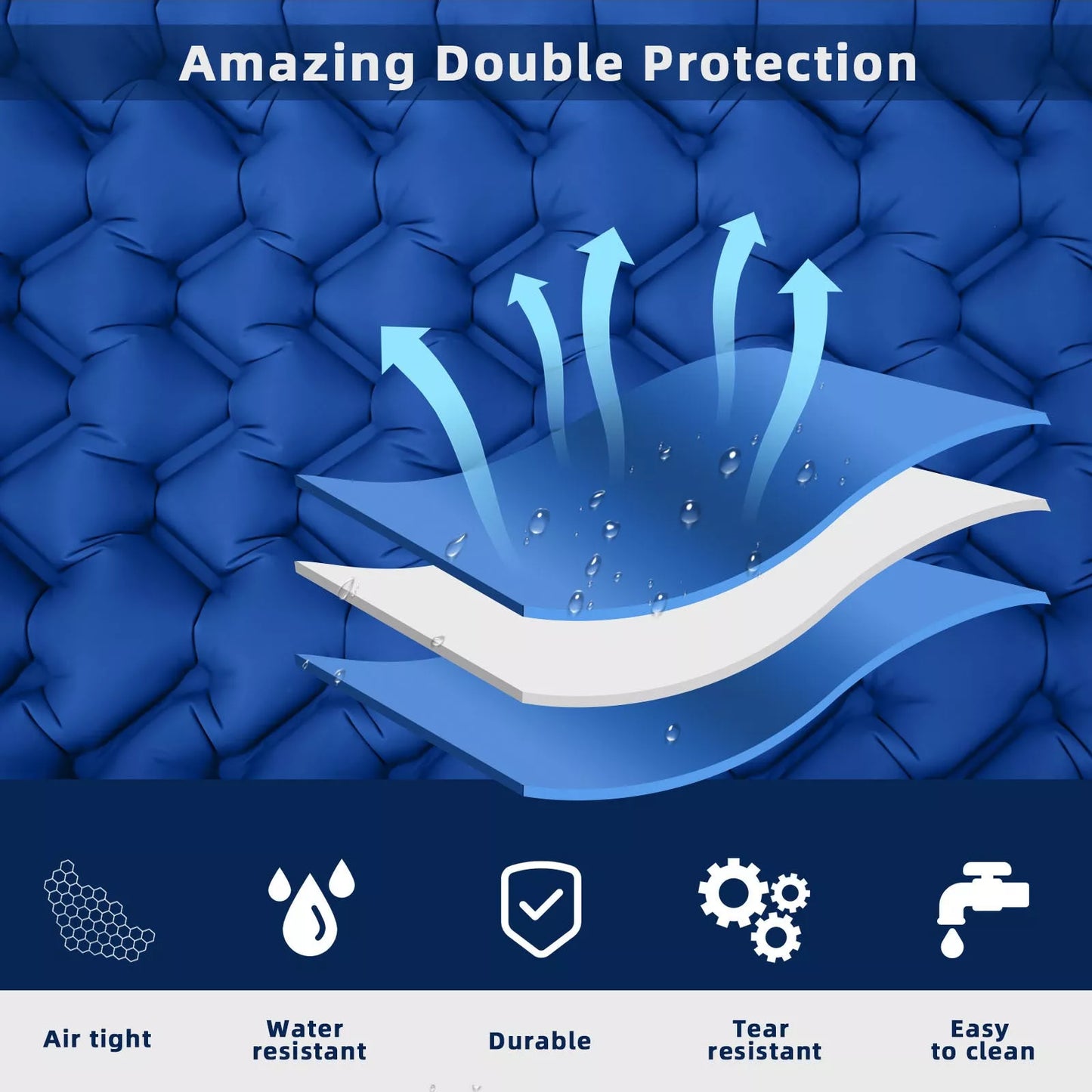 Portable inflatable camping cushion with built-in foot pump in various colors