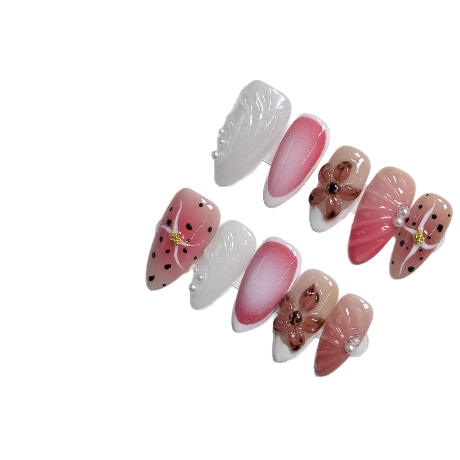 Hand-painted 3D embossed nail art patches in almond shape, showing candy and textured patterns.