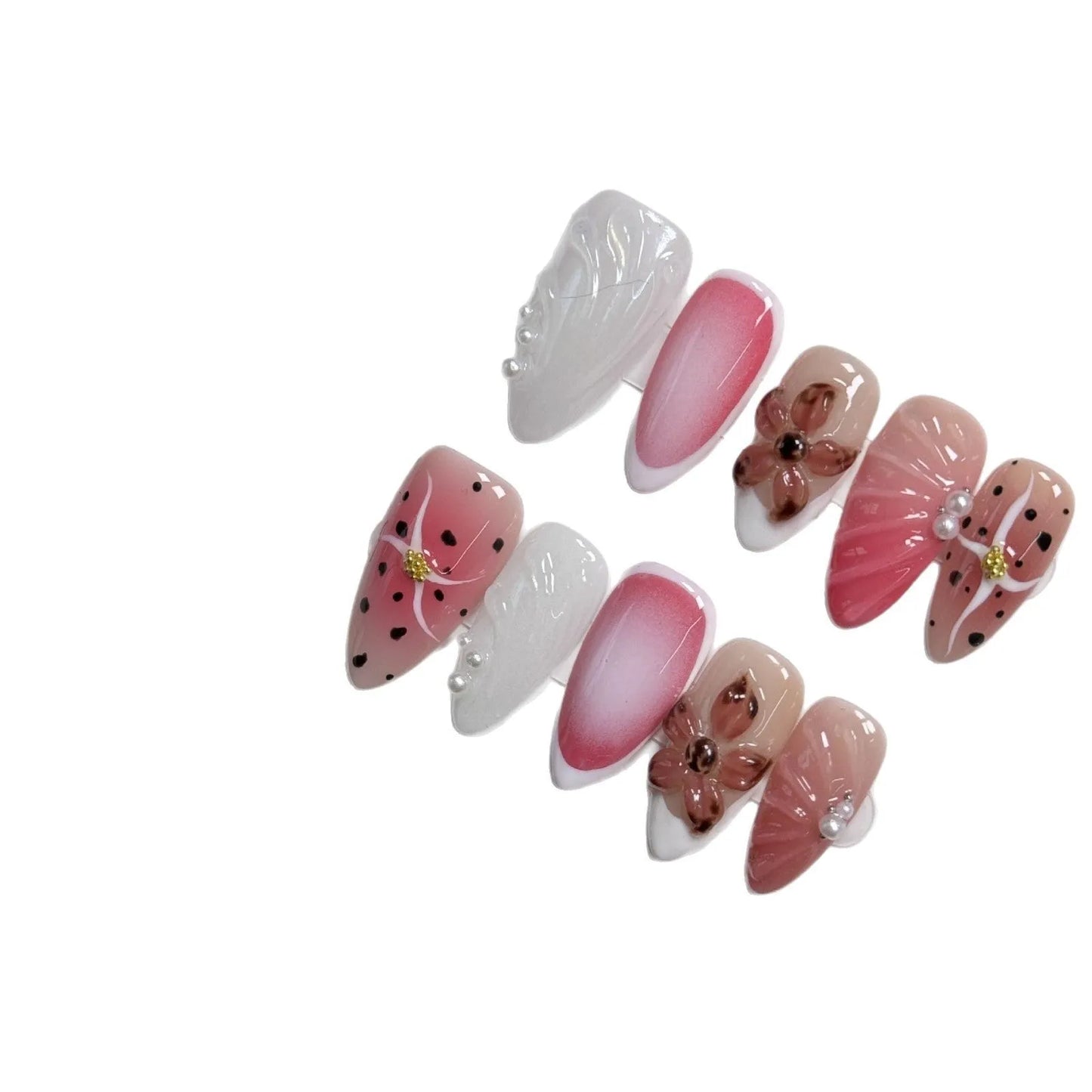 Hand-painted 3D carved nail patches with embossed candy pattern, in Almond shape for sizes XS to L