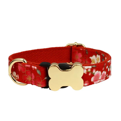 Flat nylon dog collar with bone buckle in a printed grid pattern, shown in multiple colour options.