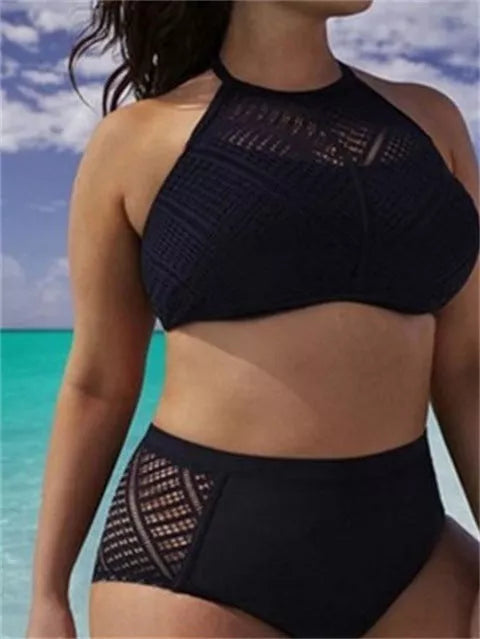 Large split bikini in black, sizes S to 7XL, made from 100% polyester fiber