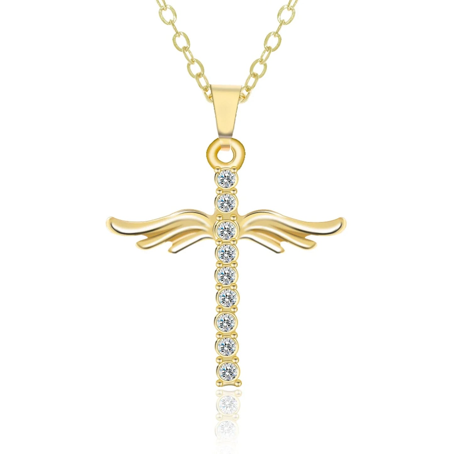 Elegant Angel Wings Cross Pendant Necklace with Adjustable Stainless Steel Chain in Gold and Silver Tones