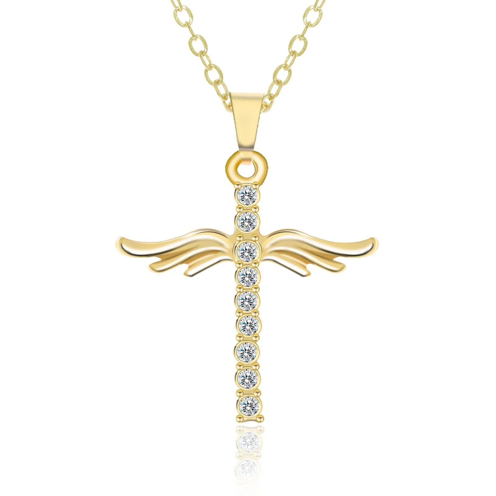 Elegant Angel Wings Cross Pendant Necklace with Adjustable Stainless Steel Chain in Gold and Silver Tones