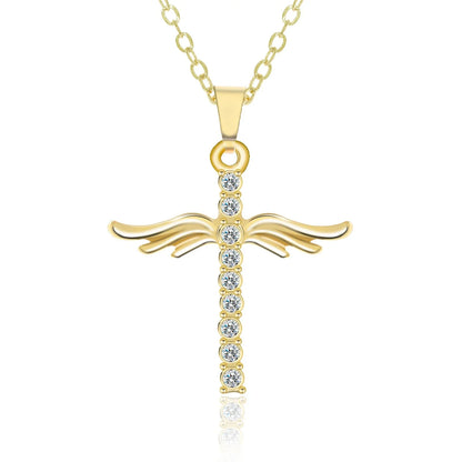 Elegant Angel Wings Cross Pendant Necklace with Adjustable Stainless Steel Chain in Gold and Silver Tones