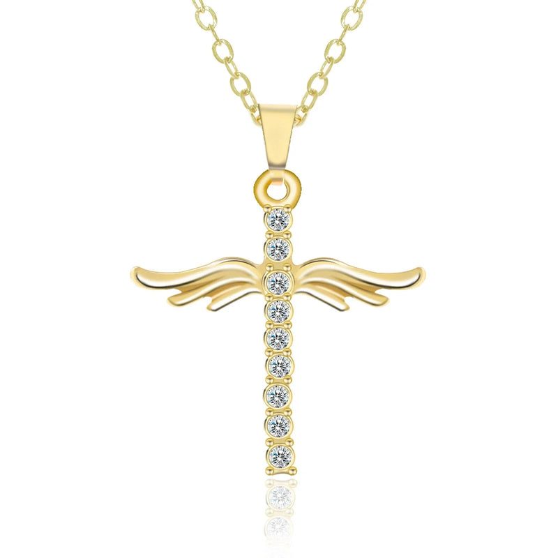Hhomeenjoy Elegant Angel Wings Cross Pendant Necklace
