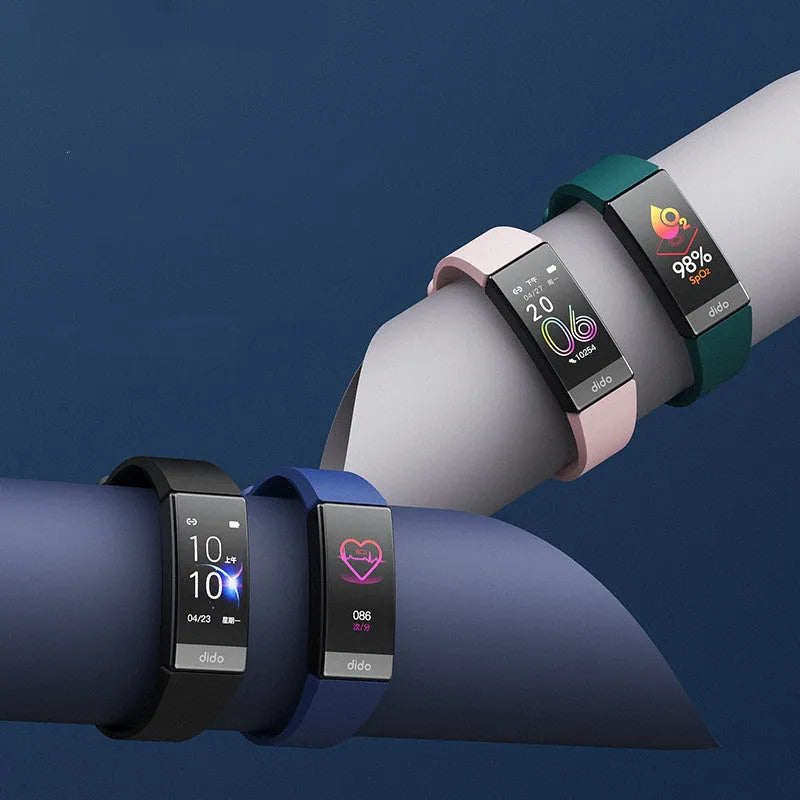 Black smart bracelet with 1.1-inch screen for health monitoring, worn on wrist