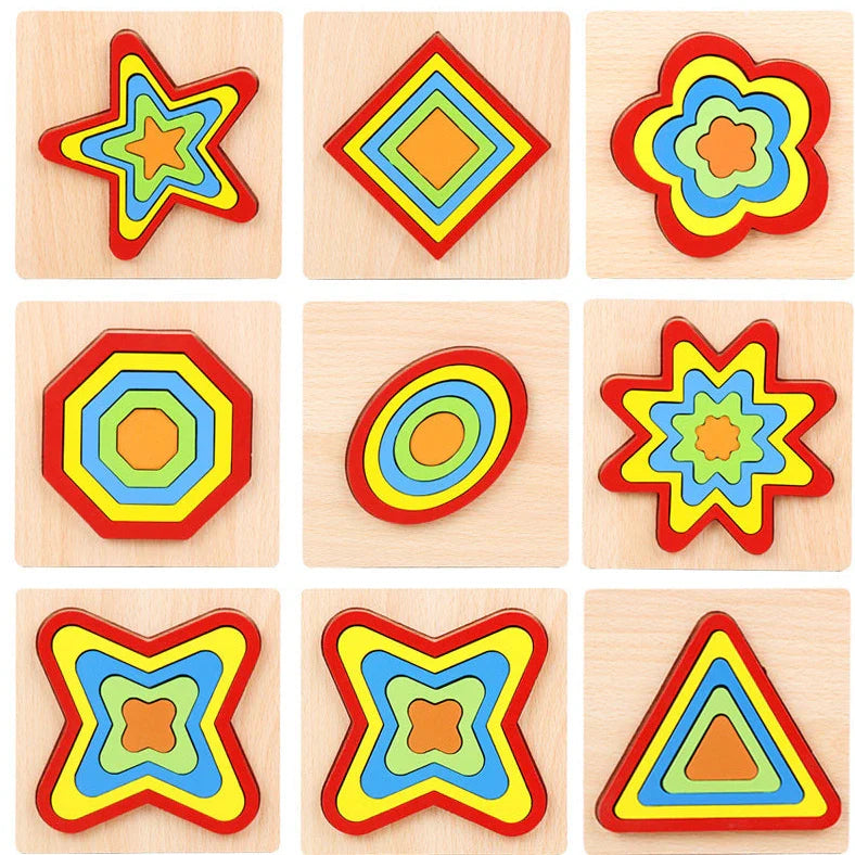 Wooden geometric puzzle with 10 shape graphics in red, yellow, blue, green, and orange colours