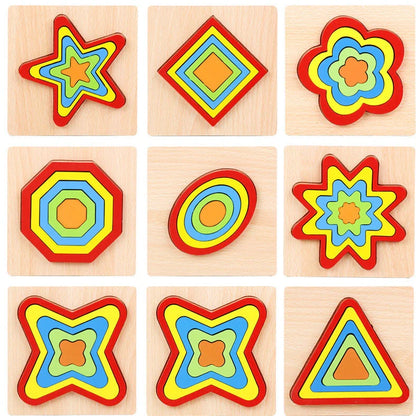Wooden geometric puzzle with 10 shape graphics in red, yellow, blue, green, and orange colours