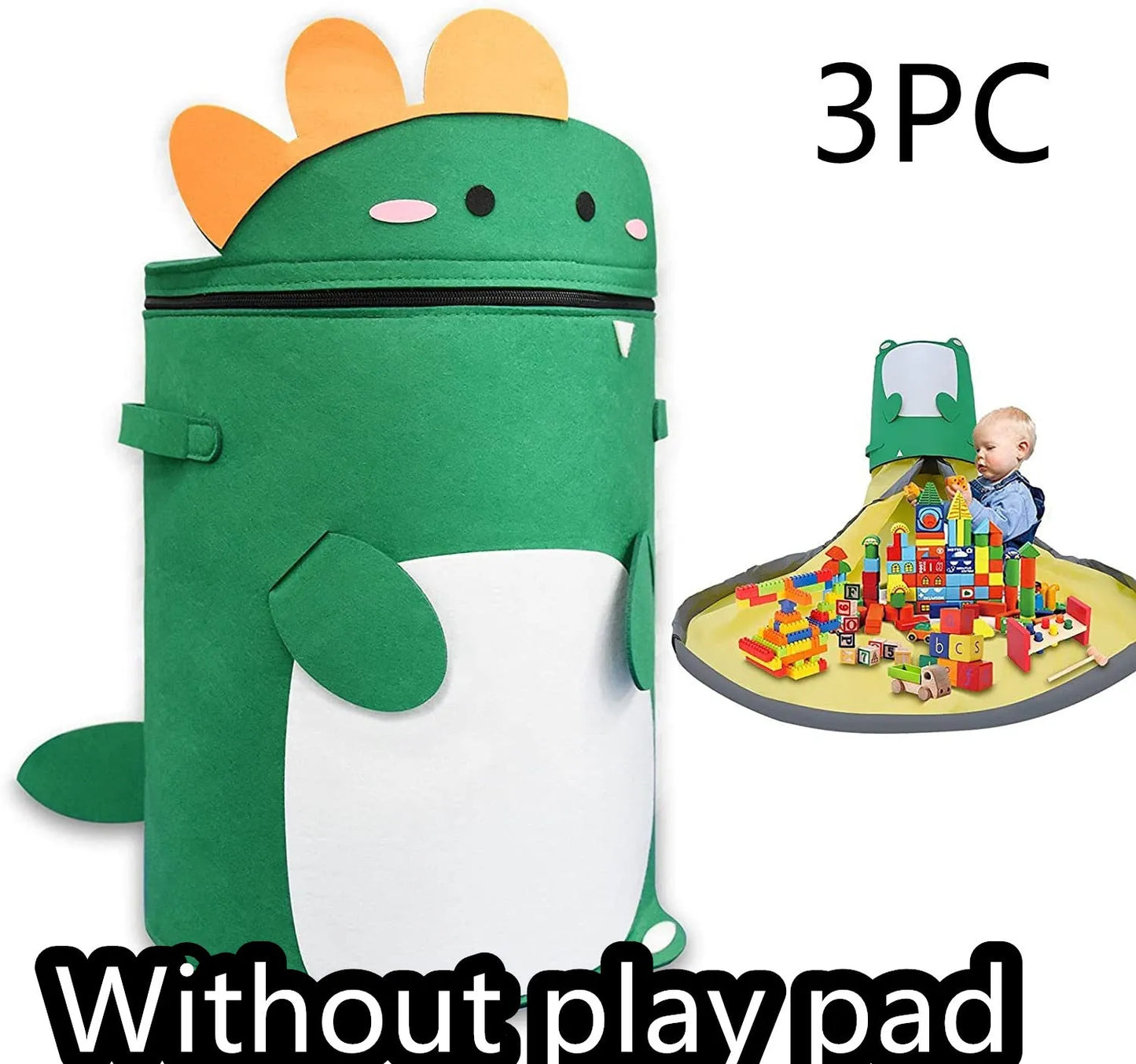 Green felt storage cube with pull rope unfolded into a large square play mat on a wooden floor.