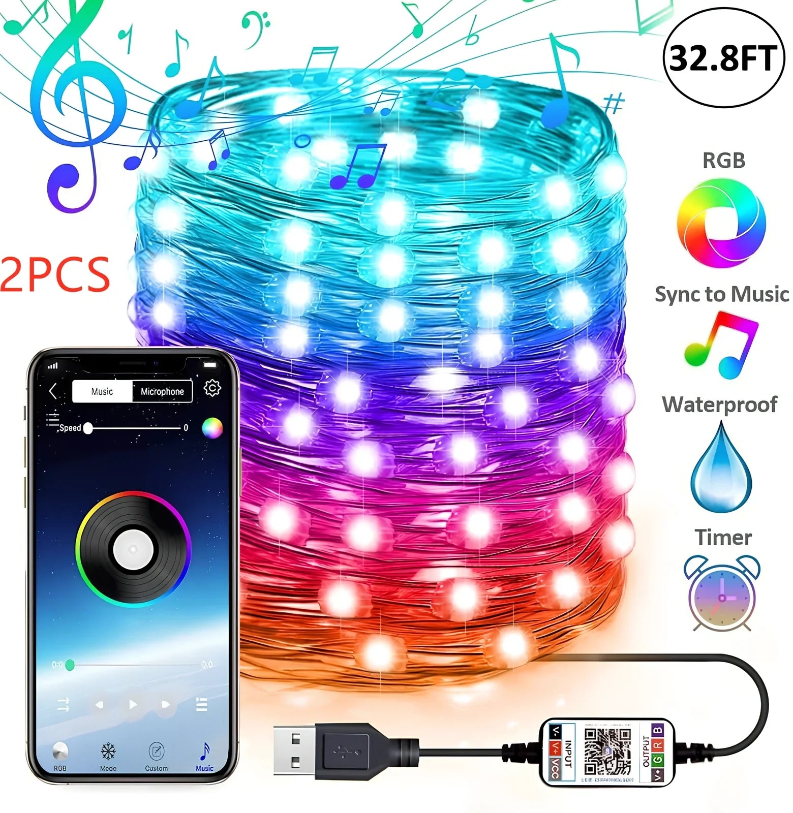 Programmable LED Christmas tree lights with app control showing custom colour animations on festive tree