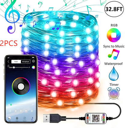 Programmable LED Christmas tree lights with app control showing custom colour animations on festive tree