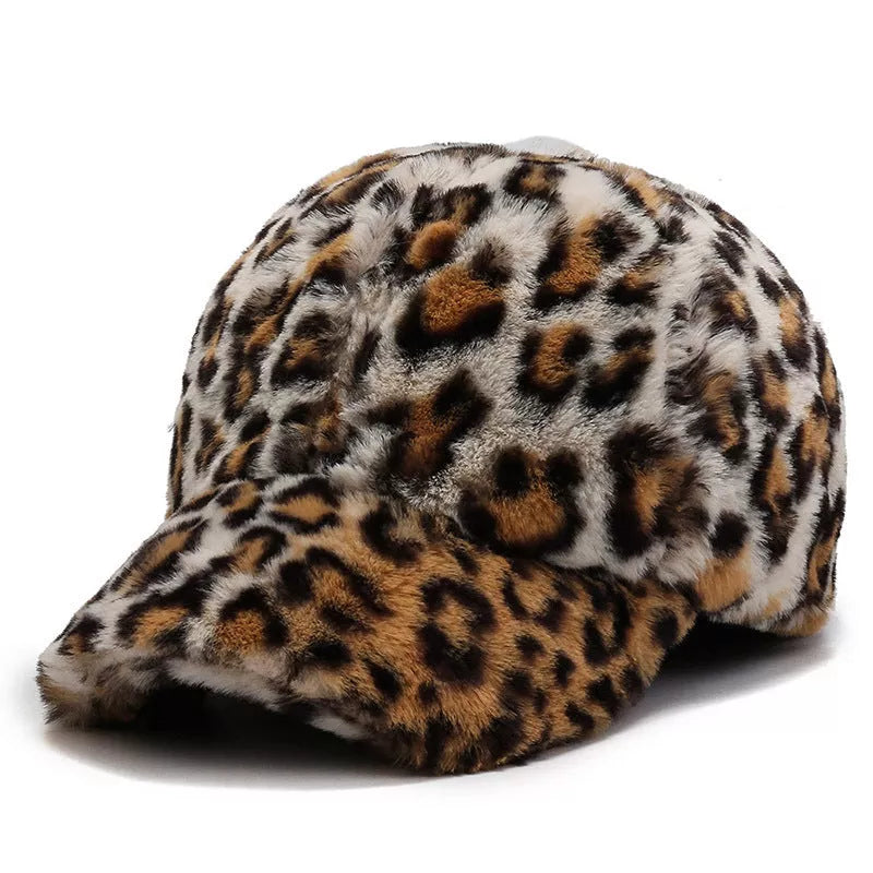 Adjustable leopard fleece baseball cap in various prints for winter wear