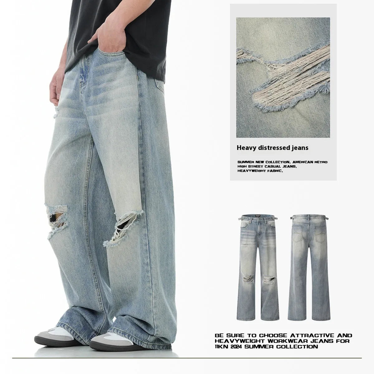 Blue straight-leg cotton-blend jeans with zipper fly closure showing five size options