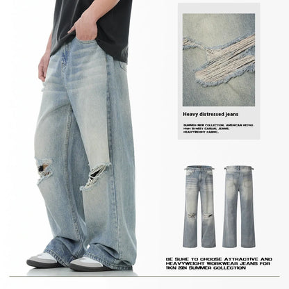 Blue straight-leg cotton-blend jeans with zipper fly closure showing five size options
