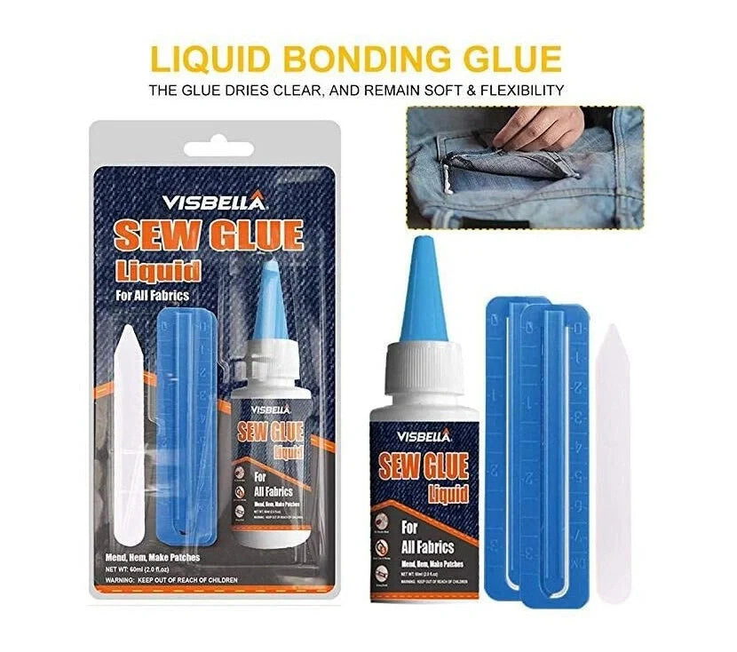Clothing repair glue kit with two bottles of glue, fixing clips, and applicator pen for easy fabric repairs
