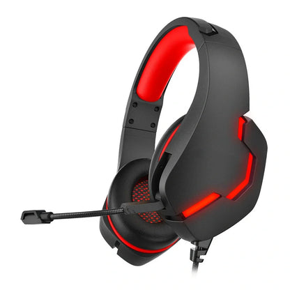 Blue J10 3.5mm wired gaming headset with LED lights, noise-canceling mic, and adjustable headband for PC use, 170x90x210mm size