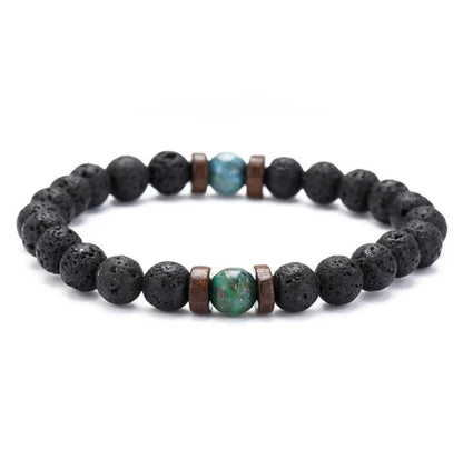 Stylish men's bracelet made with natural volcanic stone, flash stone, and wood chip in a geometric, mosaic-like design