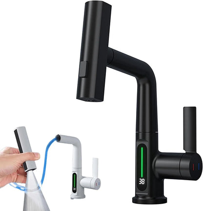 Modern digital display kitchen tap with pull-out spray hose showing LED temperature screen.