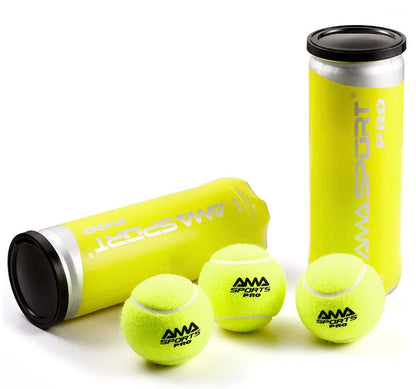 Three tennis training balls in black, green and yellow colours for cage plate practice