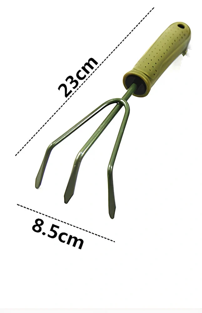 Gardening scarifier kit with green antiskid handle and two planting shovels for outdoor use