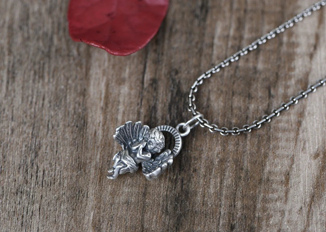 925 sterling silver angel necklace with retro chain, featuring a cupid angel pendant