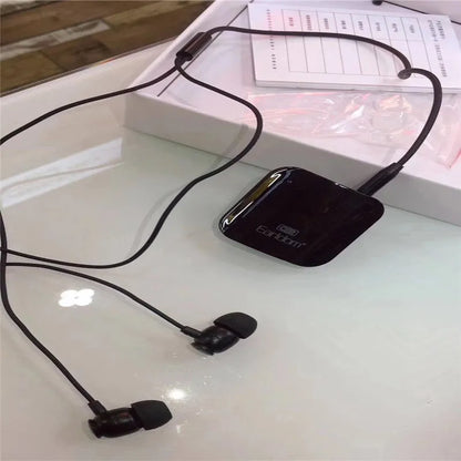 Bluetooth audio receiver with lavalier clip for running headphones in black, grey, or red