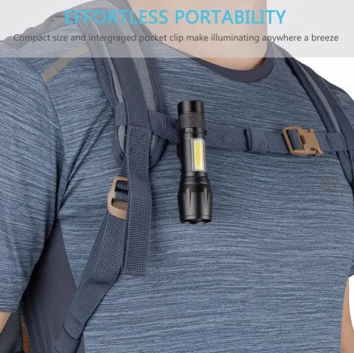 Black aluminium alloy telescopic LED flashlight with a pocket clip, shown zoomed in and out.