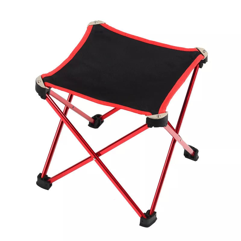 Outdoor folding stool with aluminum frame and Oxford cloth seat in red, blue, or orange