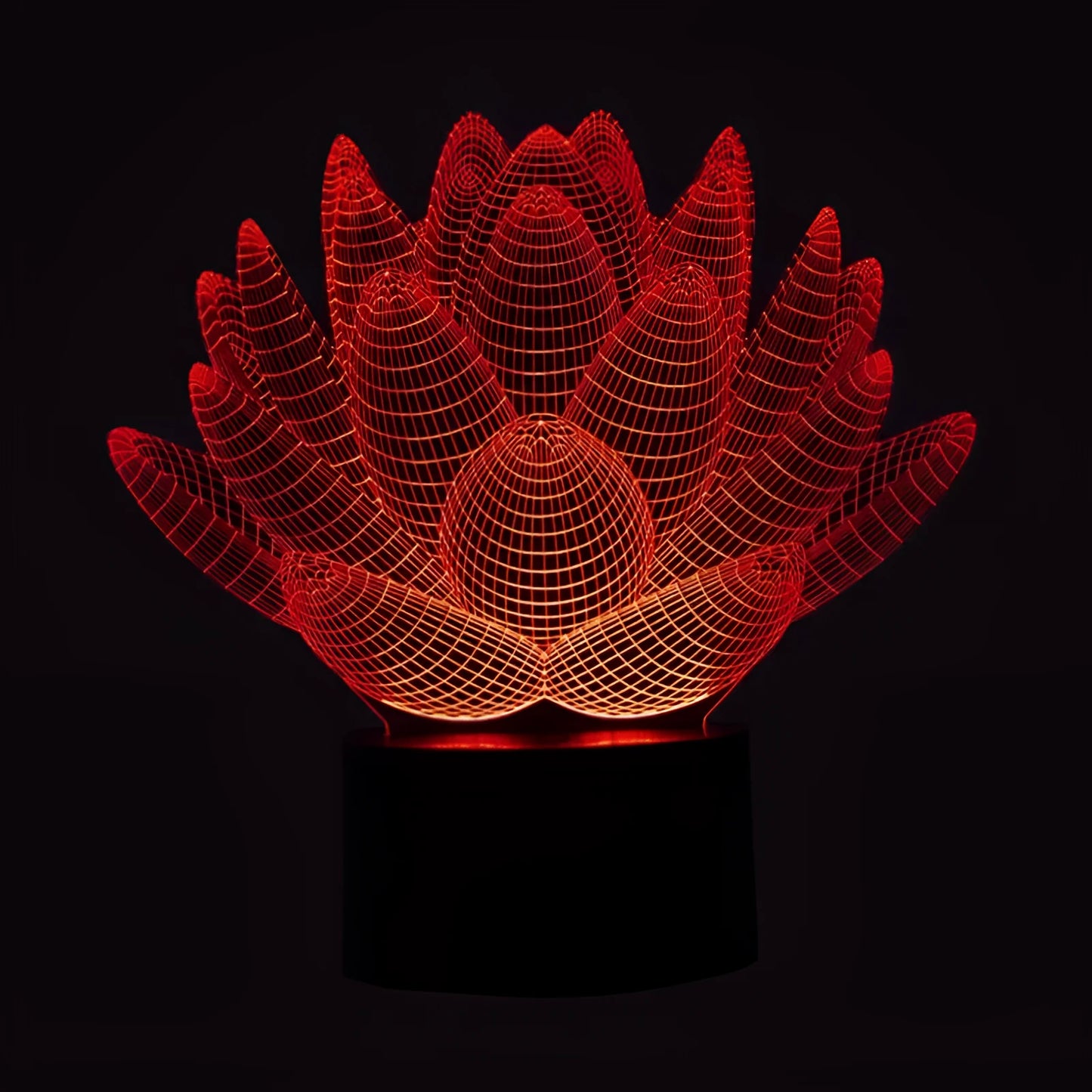 Modern white lotus-shaped LED night light with touch control on a wooden surface.