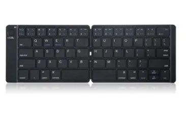 Black wireless mini Bluetooth folding keyboard with PU leather case, 12mm slim body, 6.2oz, scissor-switch keys, 166-degree angle