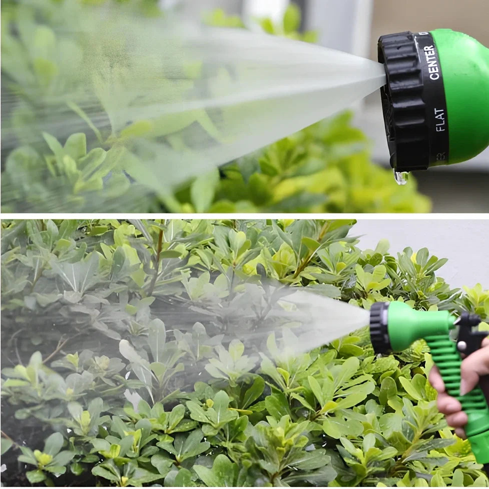 Blue telescopic water hose with high-pressure gun, expanded for use in garden watering