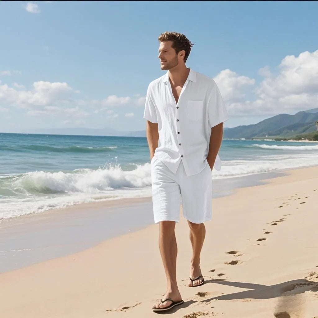 Linen leisure breathable short sleeve shirt beach suit in Army Green, showing top and shorts set