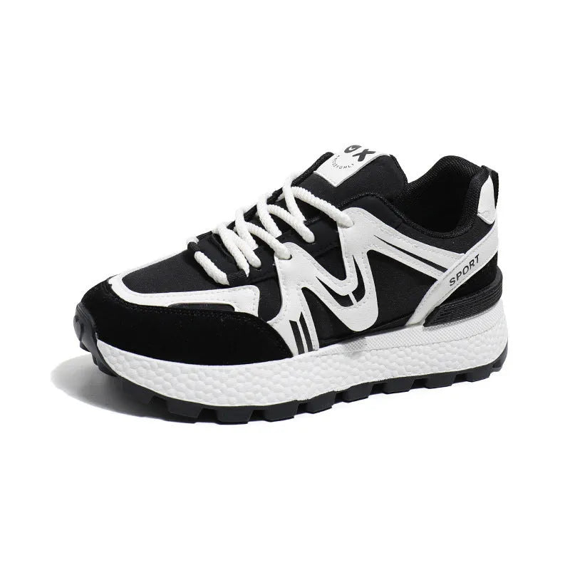 Women's solid colour platform sports casual shoes with flat heel and front lace-up.
