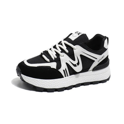Women's solid colour platform sports casual shoes with flat heel and front lace-up.