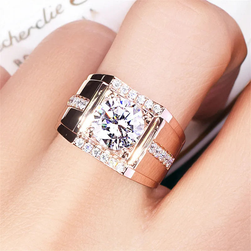 Men's adjustable open mouth ring with a geometric diamond zircon setting in a choice of metallic finishes.