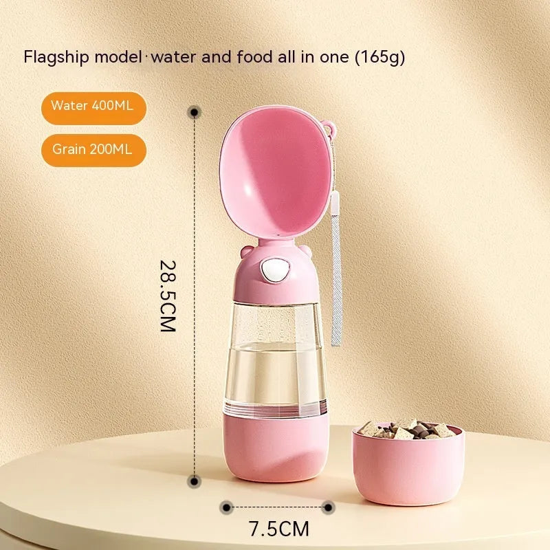 Portable dog water bottle with feeder bowl in brown, pink, or yellow colours for outdoor pet travel