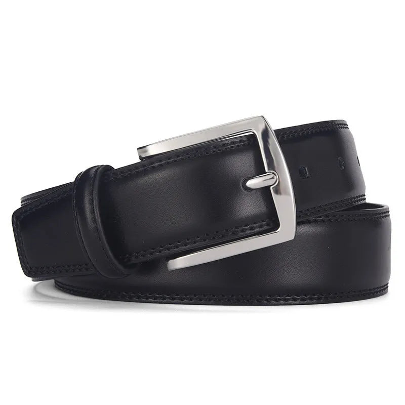 Men's black leather belt with a silver alloy pin buckle laid flat showing its length and width