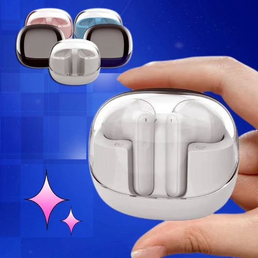 Wireless Bluetooth headset with transparent case, showcasing its sleek and compact design