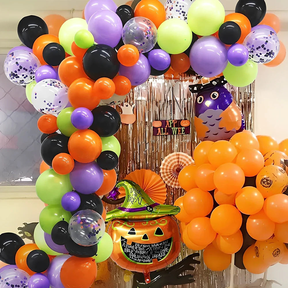 Halloween latex balloon set with bat designs, 12-inch black and orange balloons, 10m chain, and ribbons for party decor