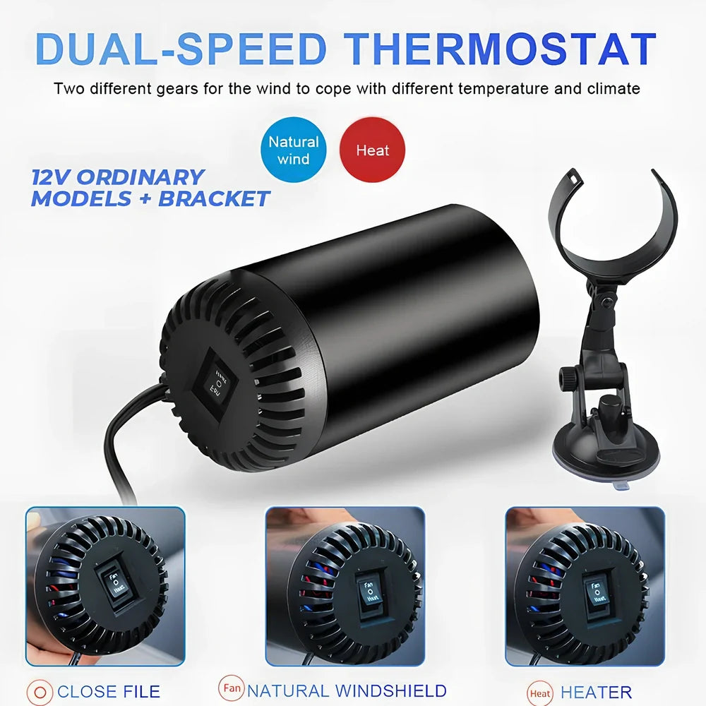 Black-grey 12V car windshield heater with suction cup mount measuring 15x7cm with 1.5m cable