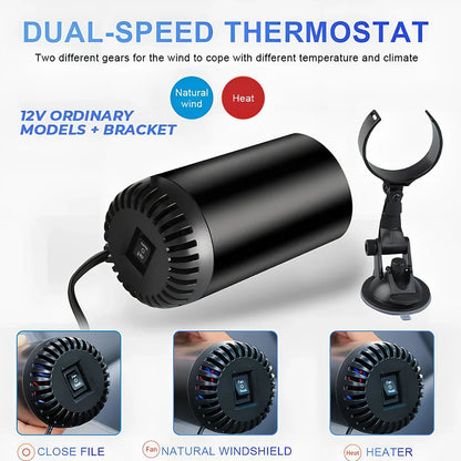 Black-grey 12V car windshield heater with suction cup mount measuring 15x7cm with 1.5m cable