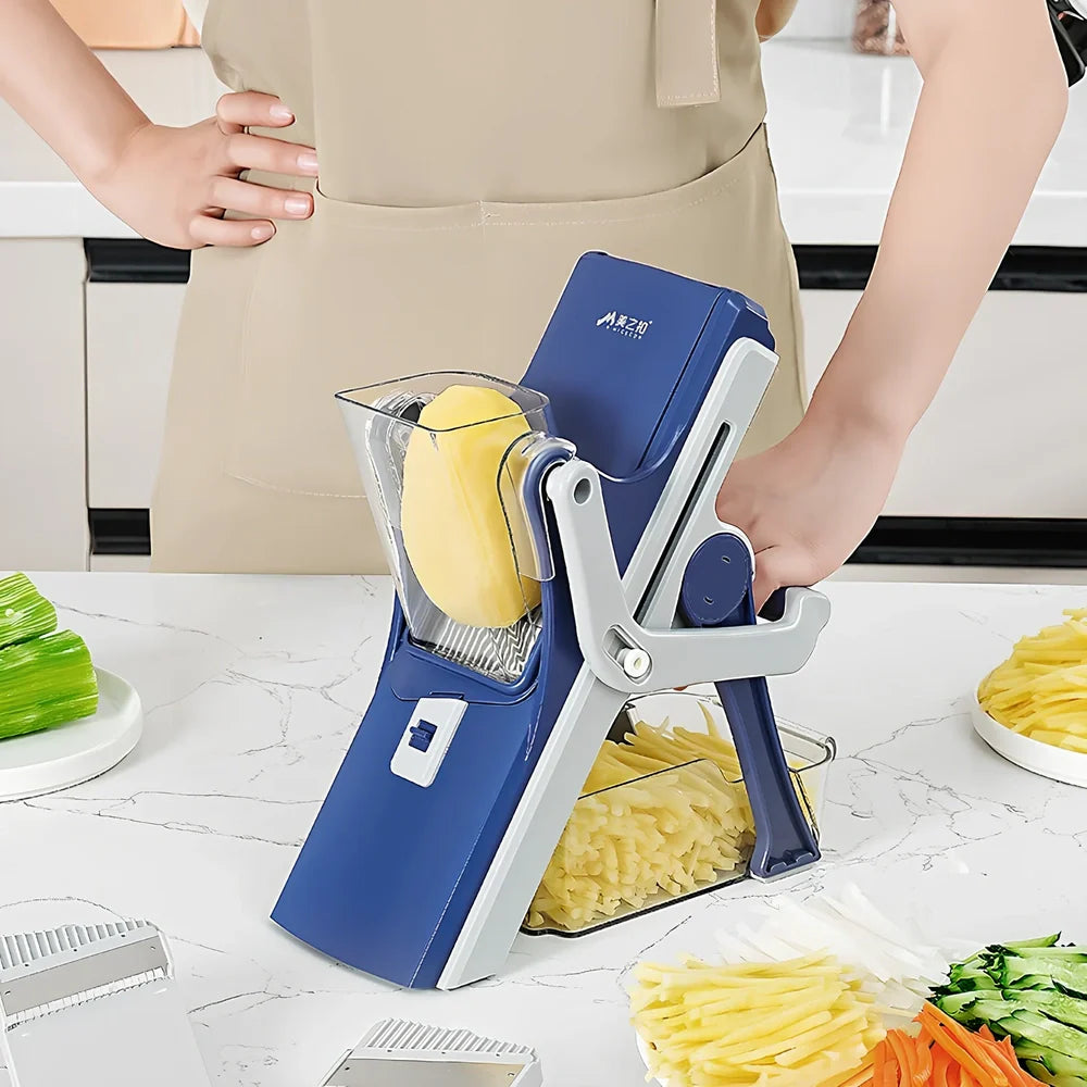 Purple kitchen vegetable chopper with stainless steel blades and wire planer attachment on 41cm workspace