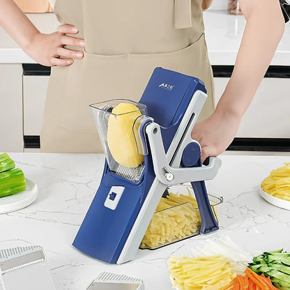 Purple kitchen vegetable chopper with stainless steel blades and wire planer attachment on 41cm workspace