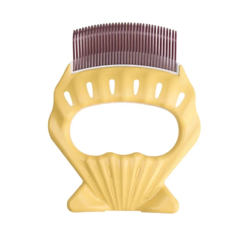 Shell-shaped plastic pet grooming brush with bent wire bristles in green, orange, or purple colours