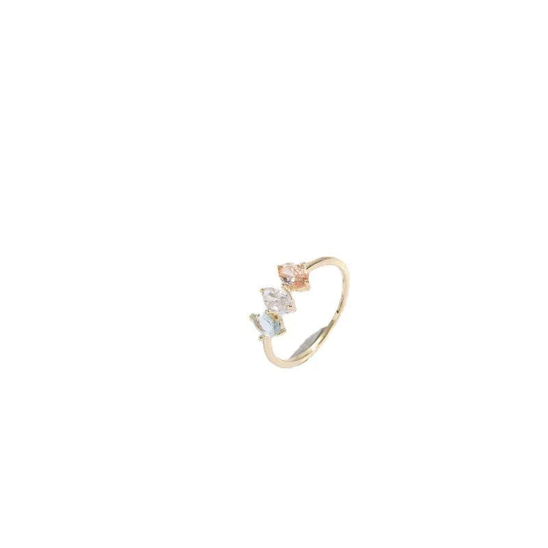 Geometric women's copper ring with triangle design, tricolour zircon stones, and birthstone in electroplated gold finish