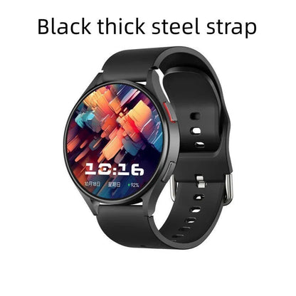 Replacement smart watch strap in black or silver silicone or steel, with coarse or fine steel options.