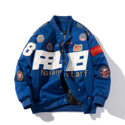 American motorcycle baseball uniform jacket with removable hood and side seam pockets in black colour